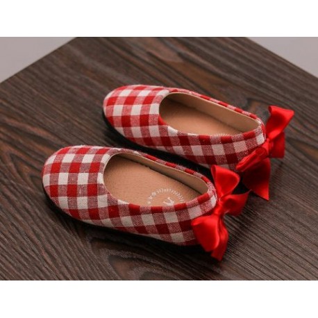 Red Plaid Back Ribbon Shoes