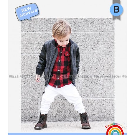 BelleMaison 3in1 Red Plaid Shirt Set Jeans+Grey Jacket