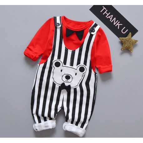 2In1 Red Stripe Teddy Overall Set