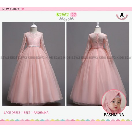 B2W2 Pink Lace Dress+Square Hijab
