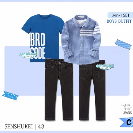 Senshukei 3in1 Bro Tee Plaid Shirt Set Jeans