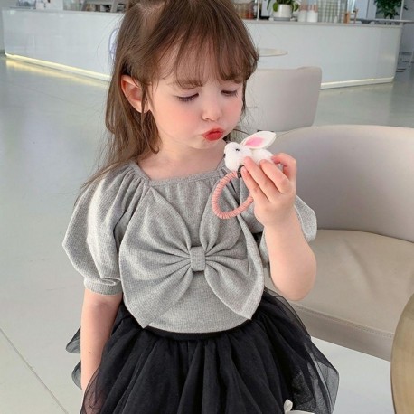 Grey Big Ribbon Puffy Knitted Top
