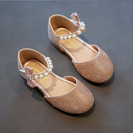 Gold Sequin Pearl Ribbon Shoes