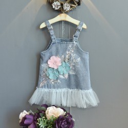 3D Flowers Denim Tulle Skirt Overall
