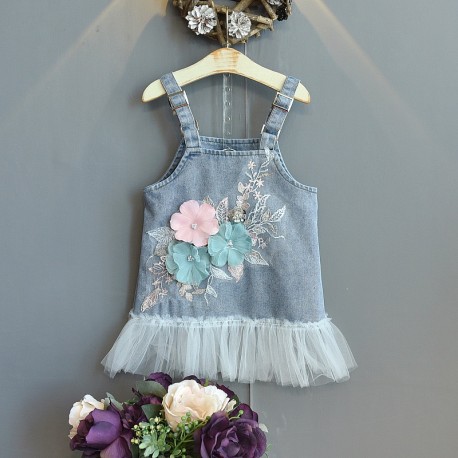3D Flowers Denim Tulle Skirt Overall