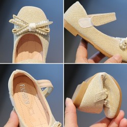 Light Gold Pearl Ribbon Flat Shoes