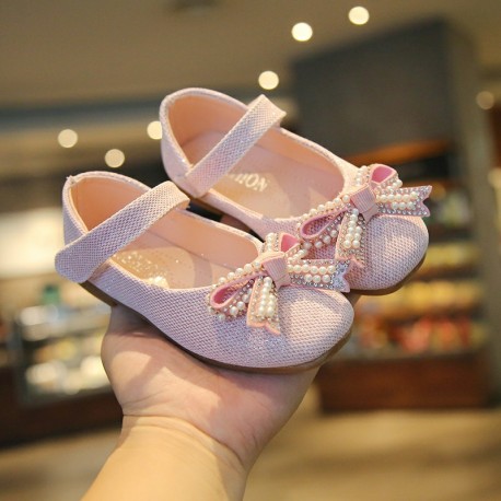 Light Gold Pearl Ribbon Flat Shoes