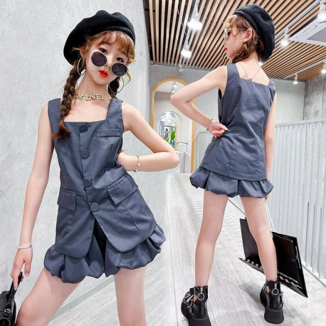 Korean Style Grey Pocket Top Set Puffy Pants