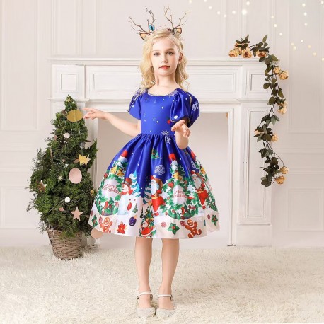 Blue Puffy GingerBread Christmas Dress