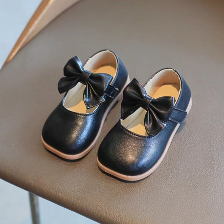 Black Leather Square Ribbon Shoes