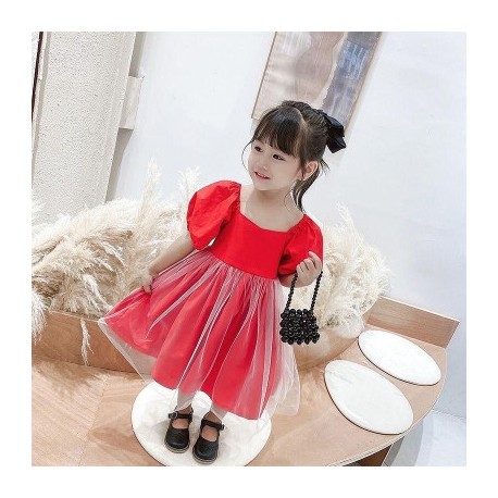 Red Puffy Sleeve Tulle Dress