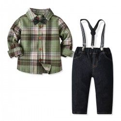 4in1 Green Plaid Flanel Shirt Set Tie, Jeans, Suspender