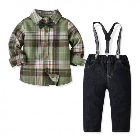 4in1 Green Plaid Flanel Shirt Set Tie, Jeans, Suspender