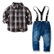 4in1 Brown Plaid Shirt Set Tie, Jeans, Suspender