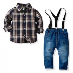 4in1 Brown Plaid Shirt Set Tie, Jeans, Suspender