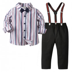 4in1 White Blue Stripe Shirt Set Tie, Pants, Suspender