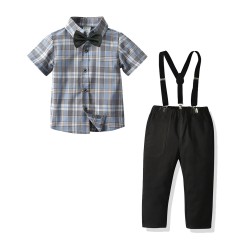 4in1 Grey Plaid Shirt Set Tie, Pants, Suspender
