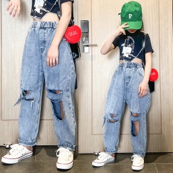 Light Blue Korean Wide Ripped Jeans