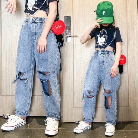 Light Blue Korean Wide Ripped Jeans