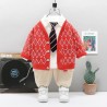 4in1 Red Patterned Jacket Set White Top Tie Pants