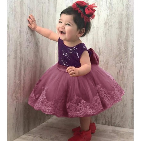Purple Sequin Dusty Pink Lace Dress + Headband