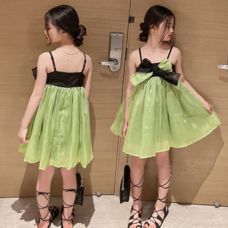 Green Black Front Ribbon Cute Dress
