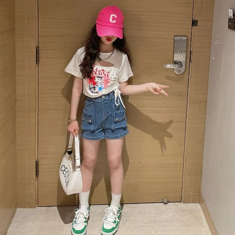 White Drawstring Top Set Button Pocket Denim Pants