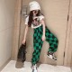 White T-shirt Set Green Plaid Pants