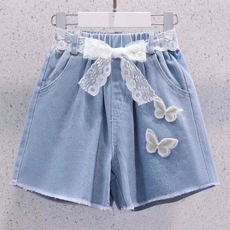 Lace Ribbon Side Pearl Denim Short Pants