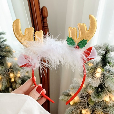 Gold Fur Raindeer Antlers Ears Headband