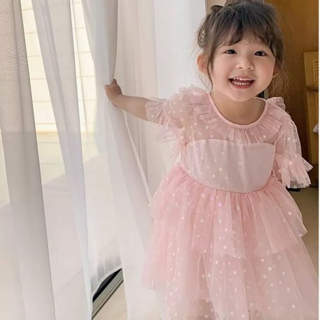 Soft Pink Puffy Ruffle Polka Tulle Dress