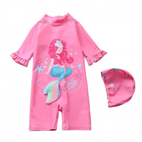 Pink Mermaid Ruffle Swimsuits with Hat