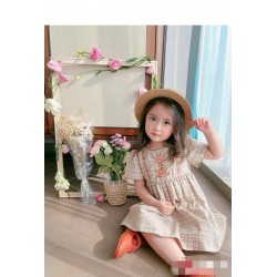 Light Brown Plaid Embroidered Dress