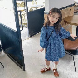 Dark Blue Floral Puffy Sleeve Dress