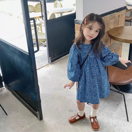 Dark Blue Floral Puffy Sleeve Dress