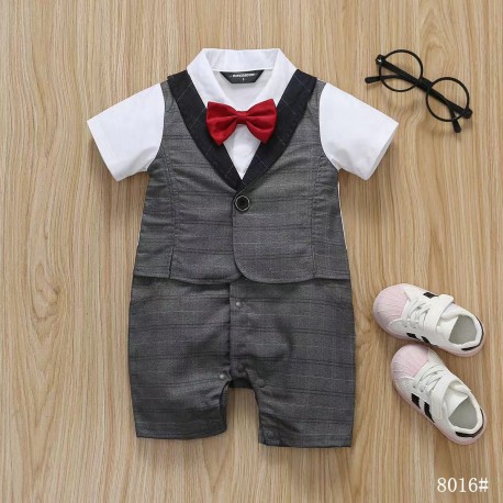White Grey Red Bow Tie Romper