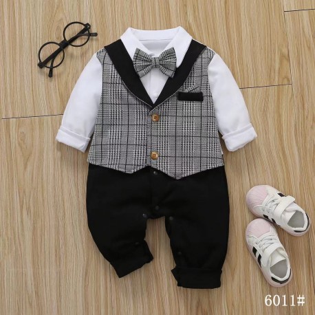 White Grey Plaid Black Bow Tie Romper