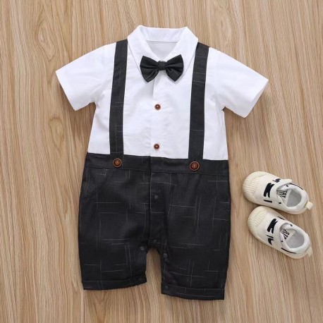 White Black Suspender Bow Tie Romper