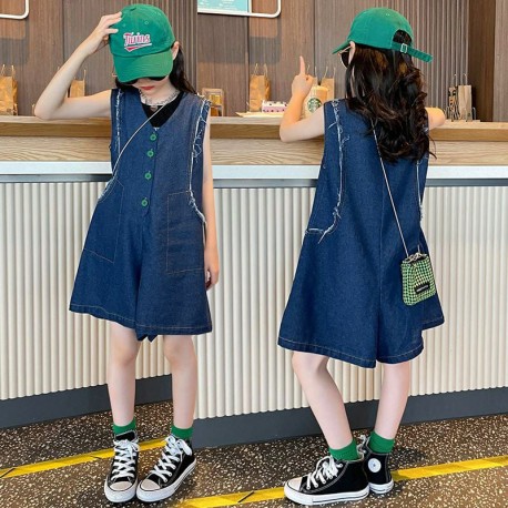 Green Button Denim Rompers