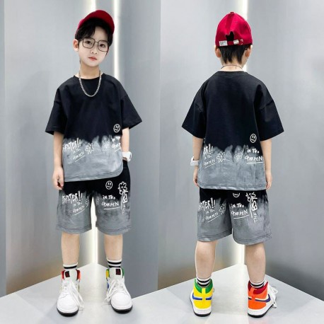 Black Grey Gradation T-Shirt Set Pants