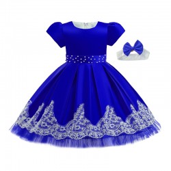 Blue Sateen Lace Pearl Dress with Headband
