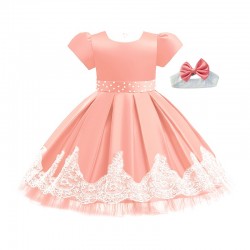 Peach Sateen Lace Pearl Dress with Headband