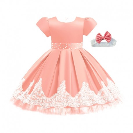 Peach Sateen Lace Pearl Dress with Headband