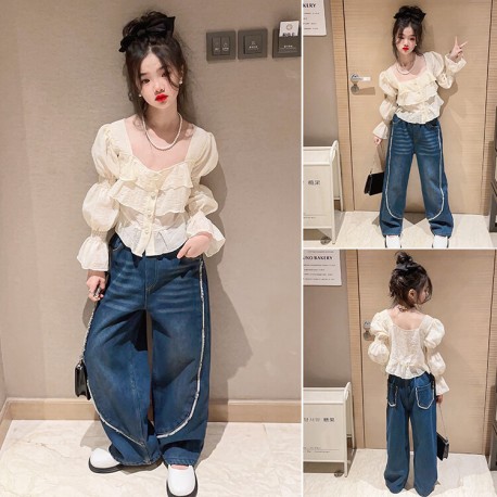 Cream Puffy Top Set Denim Oversized Pants