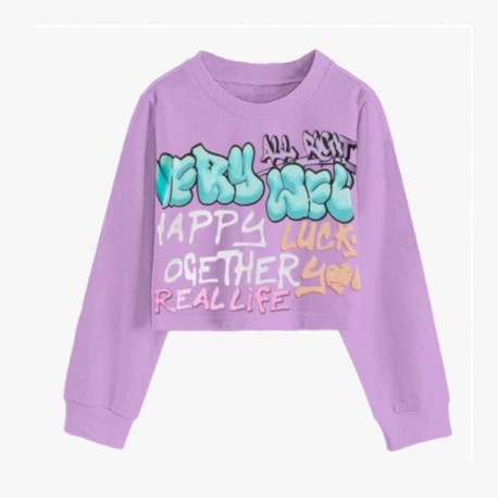 Purple Very Well Long Sleeve Crop Top