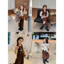 3in1 Cream Top Black Floral Vest Set Brown Pants