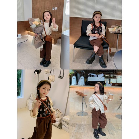 3in1 Cream Top Black Floral Vest Set Brown Pants