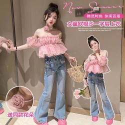 Pink Tulle Ruffle Off Shoulder Top Set Denim Pants