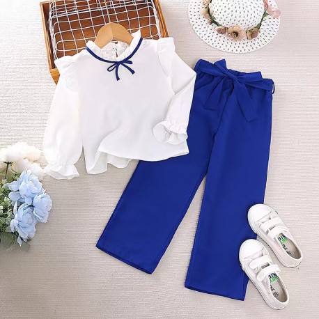 White Top Blue Ribbon Pants