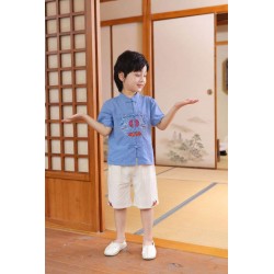 Blue Cream Embroidery Boy Cheongsam Set Pants